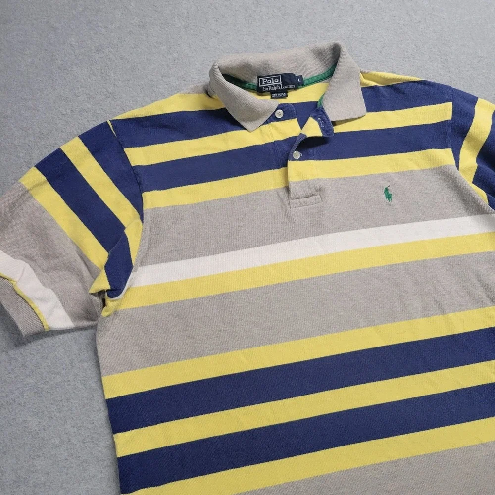 Polo Ralph Lauren Mens Large Striped Polo Shirt Blue Yellow Grey Made in USA L